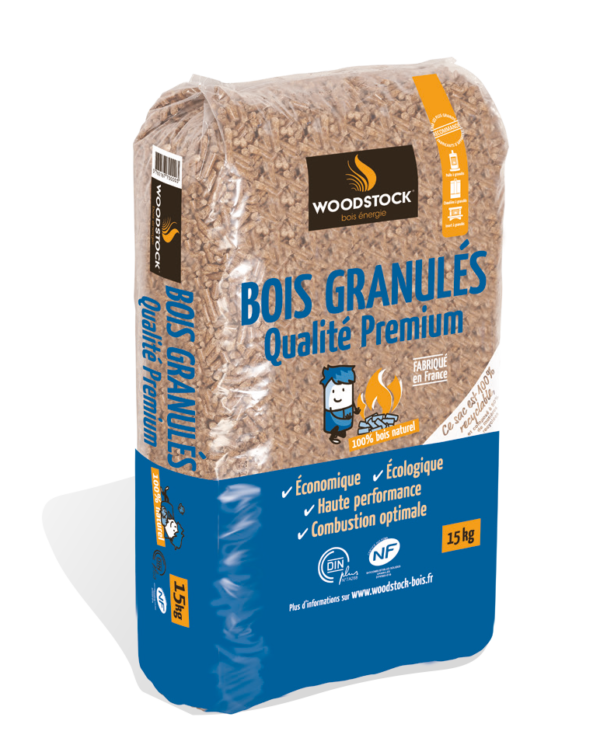 sac de bois granulés woodstock transparent et bleu.